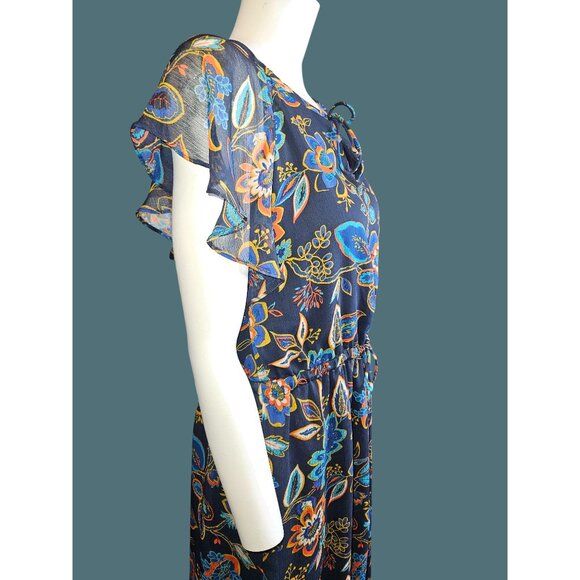 A New Day Navy Floral Sheer Flutter Sleeves Lightweight Flowy Maxi Dress Size L - Picture 7 of 12